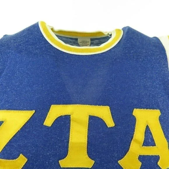 Vintage 50s ZTA Zeta Tau Alpha Jersey TShirt S Blue Sorority Fraternity Applique - Picture 2 of 5